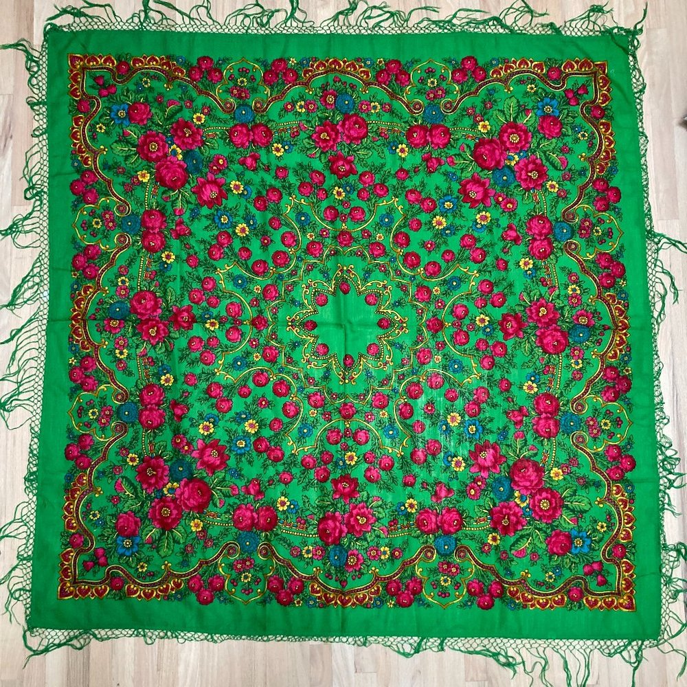 Huge, Festive Patterned Pavlovo Posad Shawl,  Green